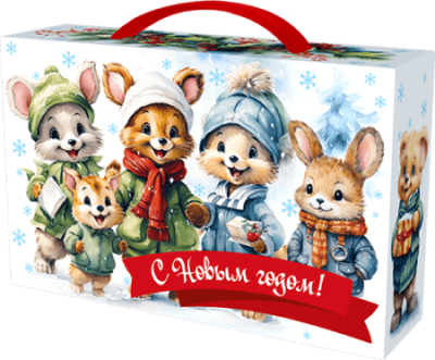 Сладкий новогодний подарок «коробка с ручкой Мультяшки», Картон хром-эрзац, 700 гр.